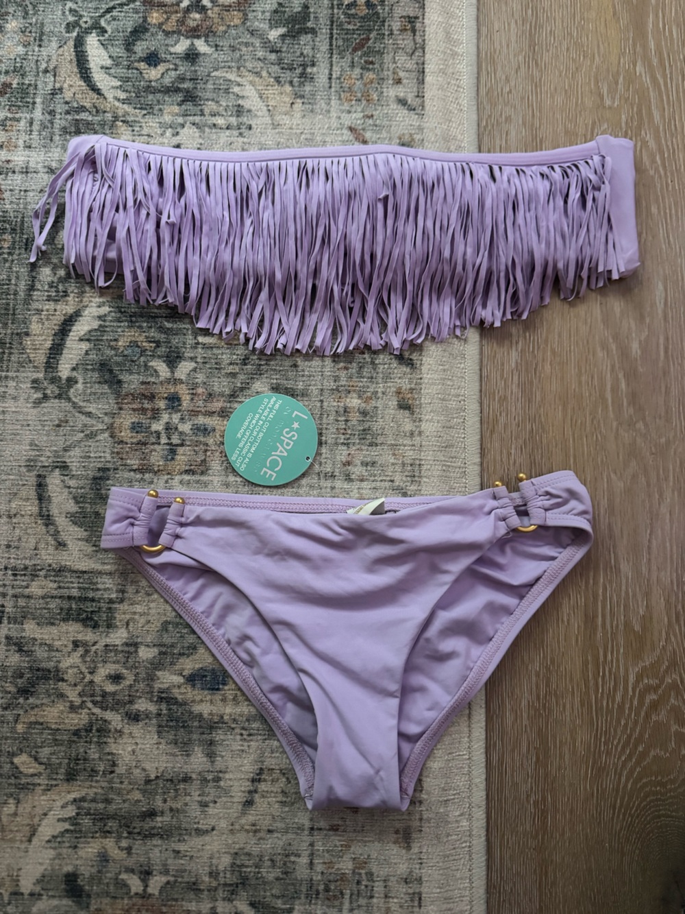 L*Space Bandeau Fringe Bikini Set Bandeau Top Ruched tie Bottom - Lilac Purple
